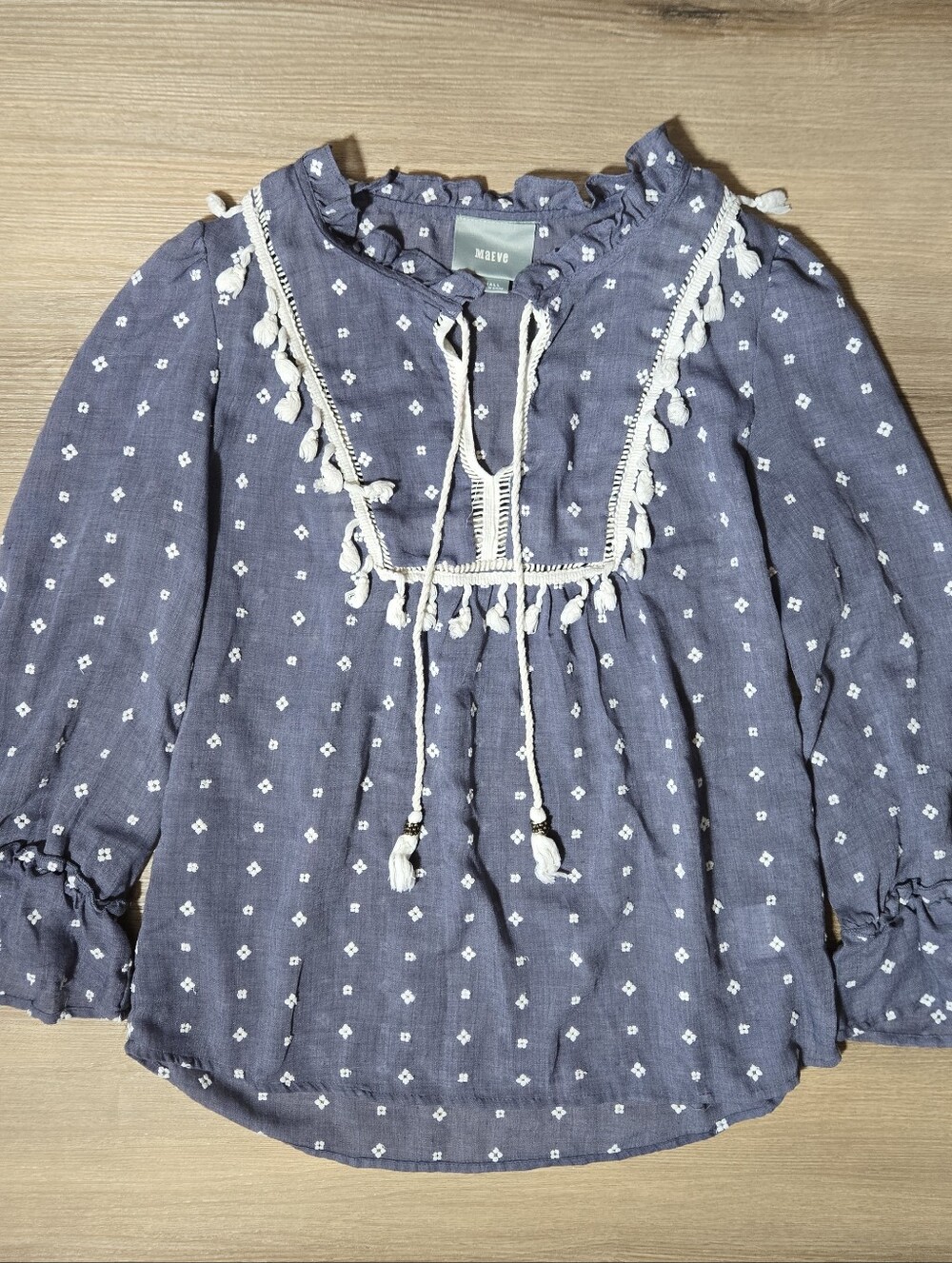 Maeve Slate Blue Embroidered Peasant Blouse with White Tassel Trim